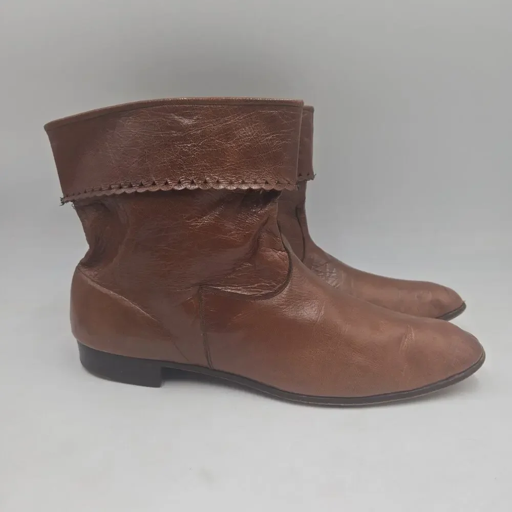 Vintage N.B. Holden Chicago Men's 9 Leather Folk Art Ankle Boots Brown Pull On